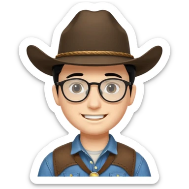Smiling boy with cow boy hat and black hair  . With chin strap and black glasses  sticker