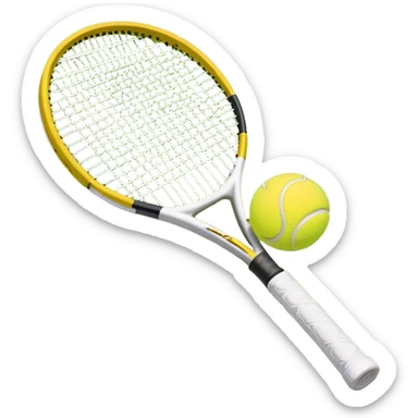 A tennis racket with a bright yellow tennis ball resting on it, set against the backdrop of a well-maintained tennis court. The scene emphasizes the smooth lines of the court and the focus on the ball and racket, symbolizing the elegance and precision of the sport sticker