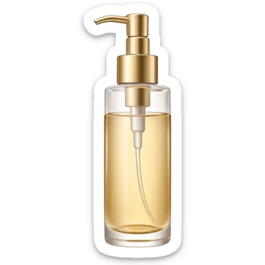 elegant semi-transparent pump bottle filled with pale golden to clear liquid, slightly glossy and lightweight, cylindrical bottle with curved pump top and clean lines, skincare product style, no label, no extras, soft lighting, subtle shadows, emoji scale sticker