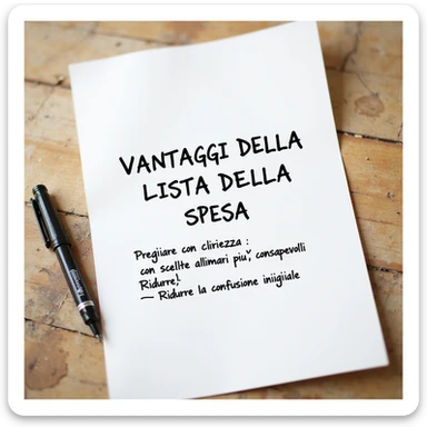 top view of a sheet of paper with handwritten text in pen: 'VANTAGGI DELLA LISTA DELLA SPESA: Iniziare con chiarezza Prendere confidenza con scelte alimentari più consapevoli Ridurre la confusione iniziale', hyperrealism, 4K resolution, no background sticker