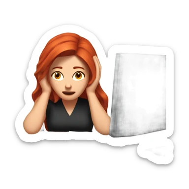 red hair woman glass frustrated desk monitor stack paper sticker