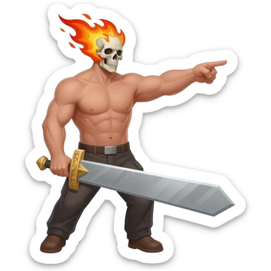 A 4 stage sprite sheet of a man with a burning skull head, show the 4 stages of him attacking with his large sword, shirtless, full body pointing right sticker