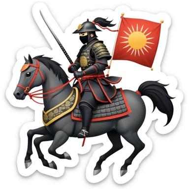 clash-of-clans-aesthetic_-cinematic-fearsome-and-majestic-samurai-bust-portrait-emoji, rendered in a flat, vector-style with minimal shading and bold, simplified shapes typical of emoji art, depicting a battle-hardened samurai with black mask and traditional black Japanese armor. The samurai is riding a noble grey warhorse adorned with an intricately designed saddle and fluttering banners and a rising sun. a samurai on a   horse sticker