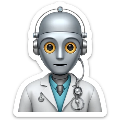 robot with a doctor's coat and a stethoscope sticker