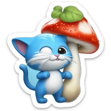 blue smurf cat with a white mushroom fungai hat also with berries on his back and a stick poking into the berries with a snail poked into it sticker