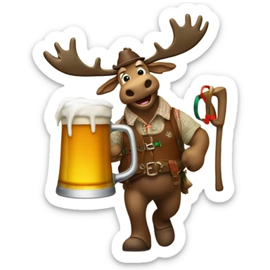 A moose with lederhosen skiing downhill holding a large stein of beer sticker