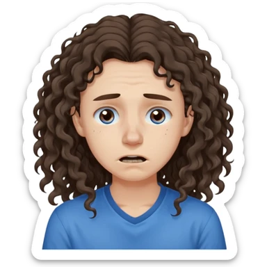 white young long dark brown CURLY hair, with a blue shirt, in despair crying, brown eyes, septum nose piercing sticker