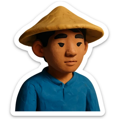 young Asian man with a rice hat sticker