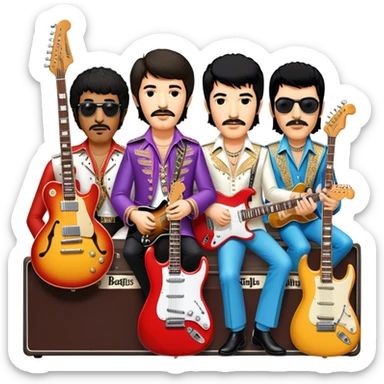 Rock music icon: dynamic collage of global rock legends like The Beatles, Jimi Hendrix, Elvis Presley, Freddy Mercury and Curt Cobane, surrounded by guitars, amplifiers, and stage lights. Symbolizing the energy and power of rock music. Transparent background. sticker