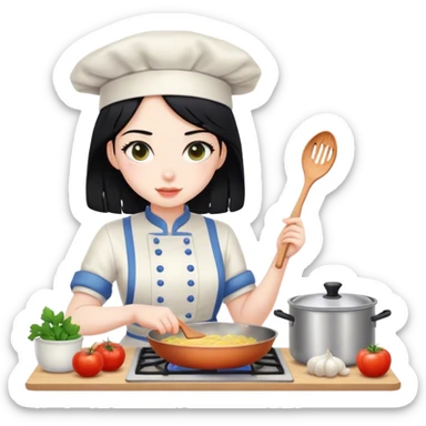 black hair girl with pale skin is cooking sticker