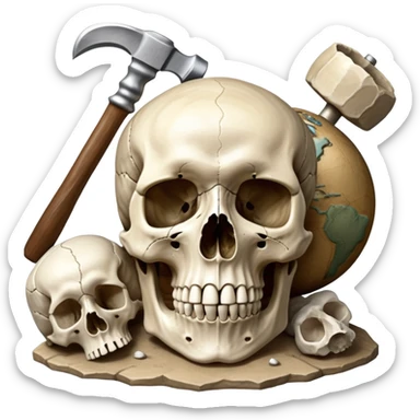 An icon featuring a human skull and fossilized bones, symbolizing the study of anthropology. The design includes archaeological tools like a pickaxe and brush, with a background of ancient artifacts and a globe. Transparent background emphasizes the exploration of human history and evolution. sticker