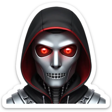 Evil robot hacker with glowing red eyes, dark hood, binary code, sinister expression sticker