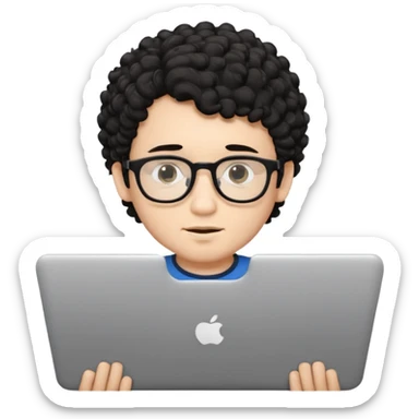 A young boy DEVELOPER WITH A laptop, black curly short hair, wearing glasses, a thin goatee, his skin is white sticker