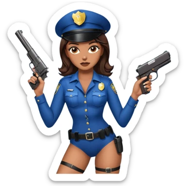 A sexy girl. with caramel skin. Dark brown hair and brown eyes. She has freckles. Wearing sexy makeup. Dressed as a sexy cop. wearing lingerie and heels. Holding a gun sticker
