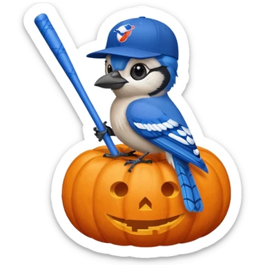 bluejay wearing MLB bluejay baseball hat holding a blue baseball  bat,  sitting on a Halloween pumpkin  sticker