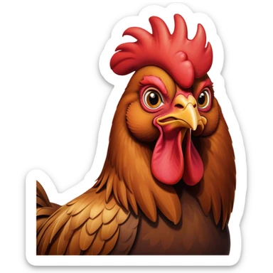 Cinematic Noble Brown Rooster Portrait Emoji, Poised and regal, with a robust, commanding build and a rich, well-groomed brown plumage, deep-set soulful warm eyes, Simplified yet sharp and sophisticated features, highly detailed, glowing with a soft, dignified glow, high shine, intelligent and proud, stylized with an air of rustic majesty, focused and attentive, soft glowing outline, capturing the essence of a watchful and confident leader, so majestic it feels as though it could crow out of the screen with effortless authority! sticker