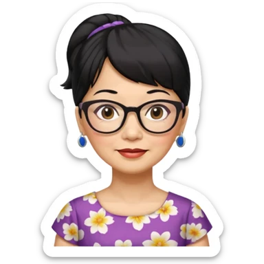 filipino woman black hair in one pony tail with straight bangs and big glasses, 60 yr old, nice dress

 sticker