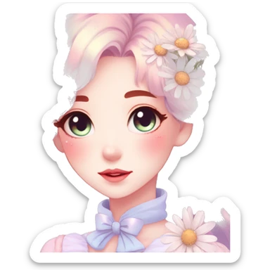 Gorgeous pastel anime style lady with blushing face and daisies cottagecore fairycore pastelcore shiny colorful pearly aesthetic trending style sticker
