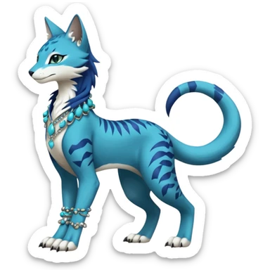 Kawaii cute Indigo Turquoise Grey beautiful pretty elegant divine edgy feline-vernid-sergal-Fakémon-Pokémon-Digimon-fursona-animal-creature, full body, with intricate detailed markings, silken shawl, decorative anklets sticker