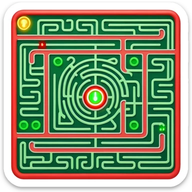 Create a realistic emoji of a maze with different patterns in red which show the wrong way and one way which shows the right way across the maze in green. The maze looks like its programmed with some electric, electronic features sticker