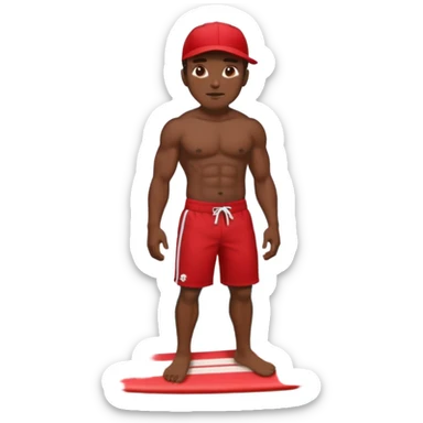 Dark, muscular surfer wearing red shorts and a baseball cap Hawaii sticker