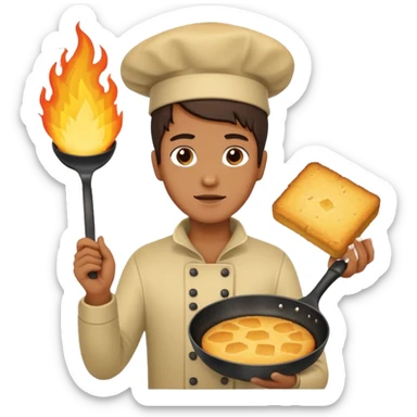 skillet with cornbread and hand on fire sticker
