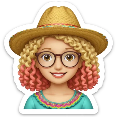blonde girl with curly hair and glasses with a Mexican hat sticker
