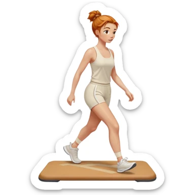 Beautiful Ginger girl messy bun walking on walking pad cream gym outfit sticker