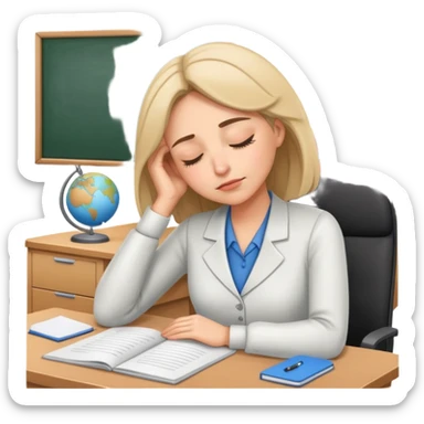 Tired woman teacher asleep at desk, classroom setting sticker
