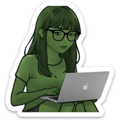 A beautiful woman with straight-across bangs and long black hair is using a laptop. sticker