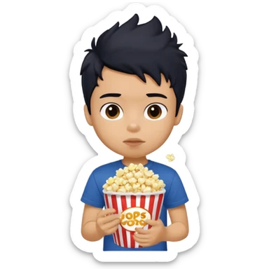 generate a pretty tan bratz boy with a dark blue tshirt on. eating popcorn. messy black hair sticker