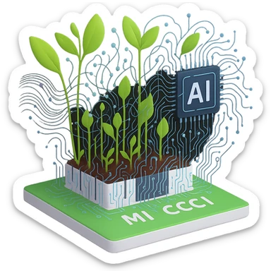 Add more machine learning elements such as neural network patterns, data flow, and algorithmic motifs, while maintaining the blend of natural resources and artificial intelligence. Remove the background to isolate the subject. sticker