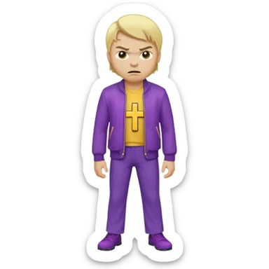 Create A Guy Wearing Light Skin Blond Hair Yellow Cross Purple Jacket Purple Pants And Mad Face sticker