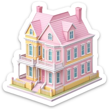charleston pastel row home dollhouse, 3d isometric, realistic, pink and yellow sticker