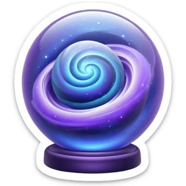 A glass sphere filled with swirling purple and blue dust, glowing softly, 3D. Use muted, calm purples and blues instead of bright neon tones, to create a harmonious and elegant look. sticker