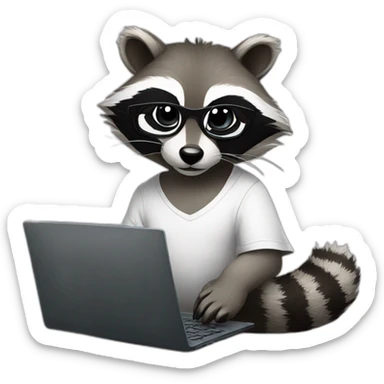 racoon wearing glasses and white tee working on a black laptop sticker