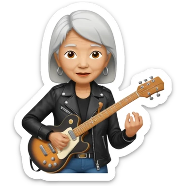 guitar rock player, elderly woman asian head, black jacket sticker