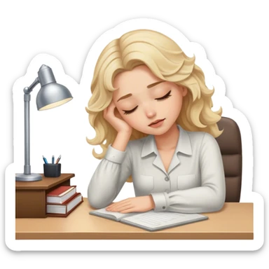 Pretty blonde model, brown eyes, soft wavy hair, falling asleep at desk sticker