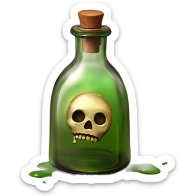 Mysterious Alchemical vintage glass potion bottle, exquisite bottle shape, old and shabby, with label, stylish and minimalistic, brown and shabby-green, oil potion is poured out of the bottle, herbal, flowers and oil is spilled next to it sticker