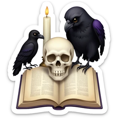 Icon for Horror and Mystery Reading: an open book with eerie shadows and mist rising from the pages, a candle, a skull, and a raven perched nearby. The icon should evoke the suspense, fear, and supernatural atmosphere of horror and mystery stories. Transparent background. sticker