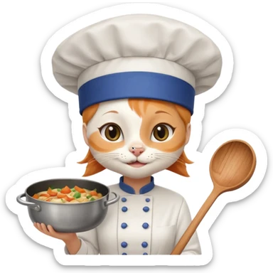 White girl cat with a chef hat holding a pan while smiling sticker