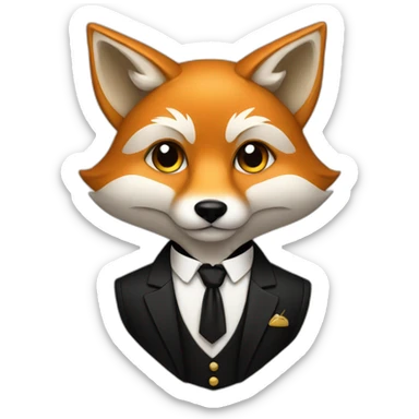 Fox wearing a black tuxedo with gold sticker
