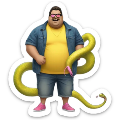 fat man with dark hair,a vibrant long yellow jacket, pink glasses, short jeans shorts. Show full lenght peson, person fighting a snake monster sticker