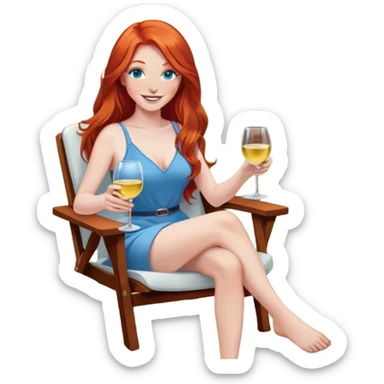 Happy redhead with long hair and blue eyes holding white wine sitting in chair beside fire pit in backyard sticker