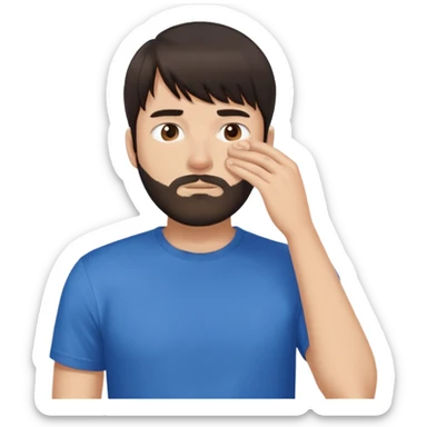 Man with dark brown straight hair and bangs, short beard covering whole face, neutral expression, basic blue t-shirt sticker