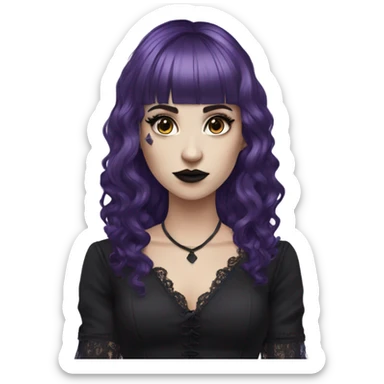 one single alt women, purple hair, wavy hair, medium hair, short bangs, dark makeup, gothic detailed dress, white skin  sticker