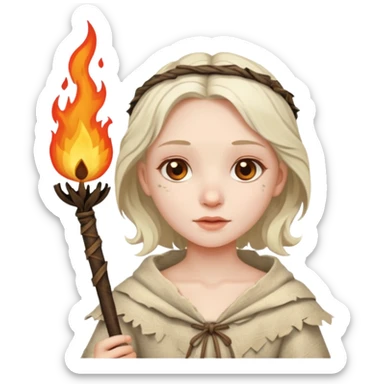 ancient european girl, tattered leaf cloth, hold fire stick sticker