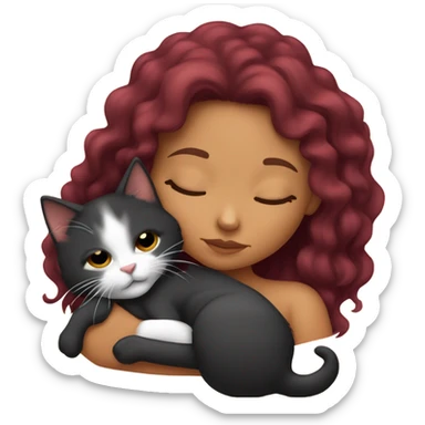 tanned girl long burgundy hair sleeping with black kitty sticker