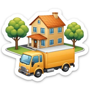 apple style emoji of a truck, package, house, and company connected by street lines, all elements clearly visible, modern emoji look sticker