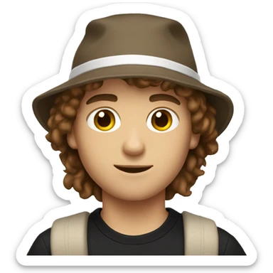 a white boy with brown hair and a beach Bucket Hat with a black sweater sticker